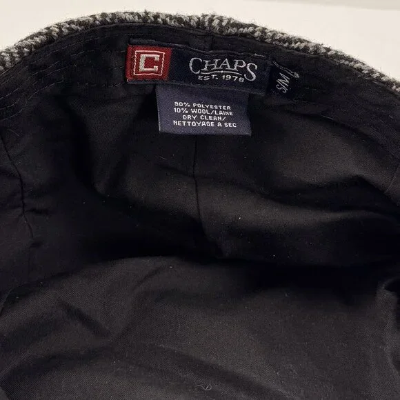 Chaps Mens Herringbone Flat Cap Newsboy Hat Wool Polyester Black Gray S/M - Picture 7 of 8